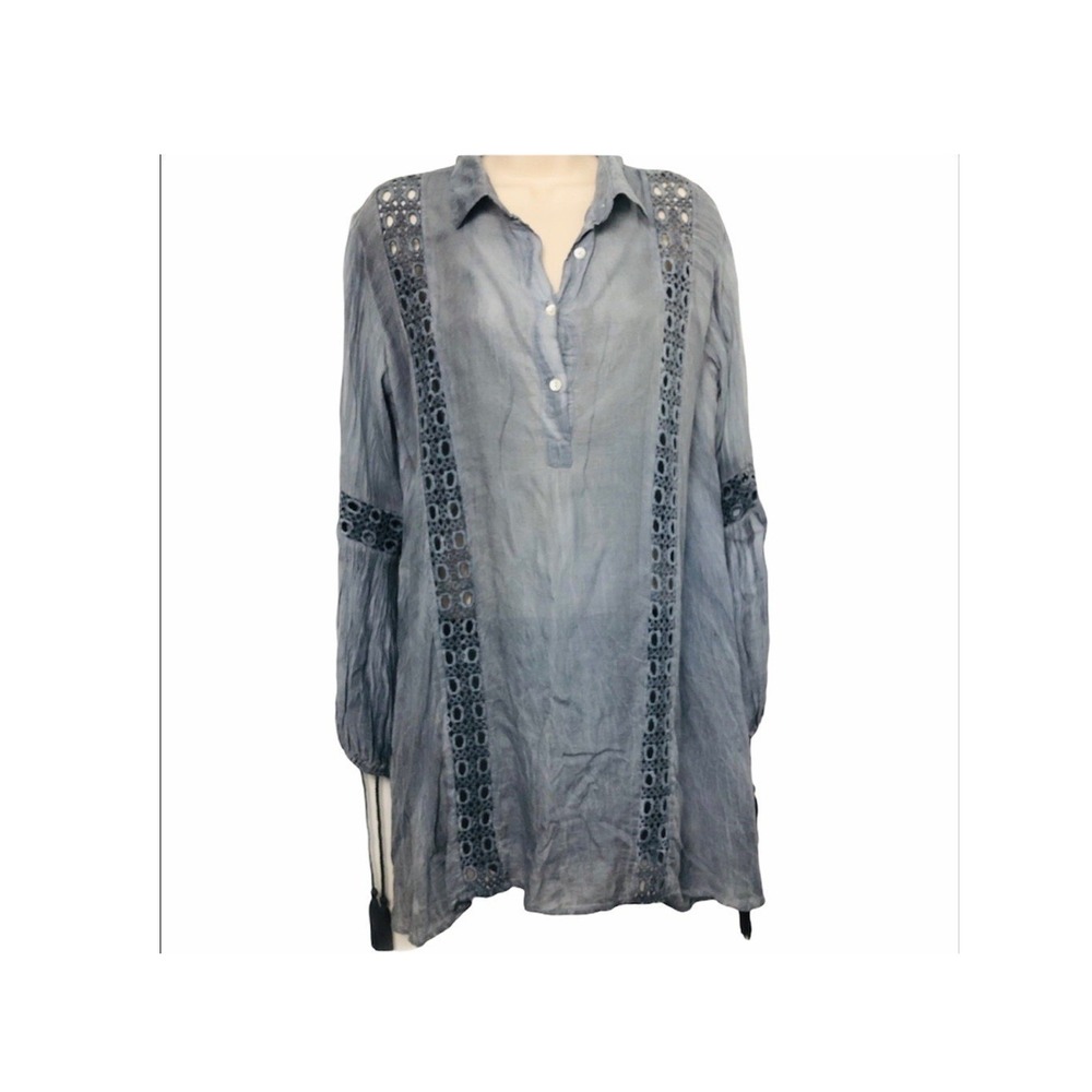 En Creme Blue Tunic‎ Top Crochet Trim Long Sleeve Small Boho Blouse